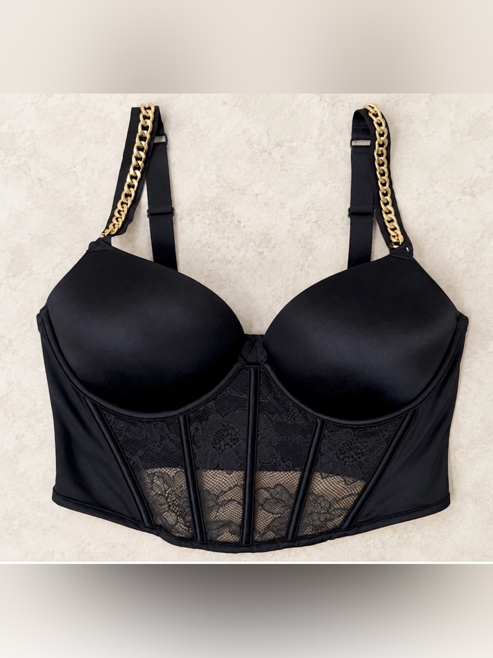 Victoria's Secret Bombshell Add 2 Cups Longline Corset Bra Black Lace Chain 34D